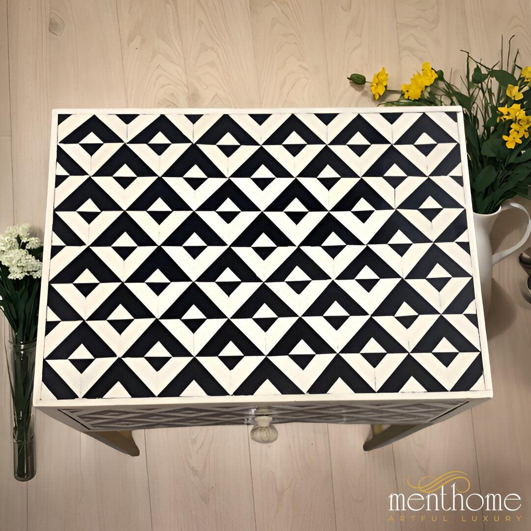 Monochrome Mirage — Artisanal Resin Zigzag One-Drawer Bedside Table with Brushed Brass Frame | Luxury Handmade Bedside Table