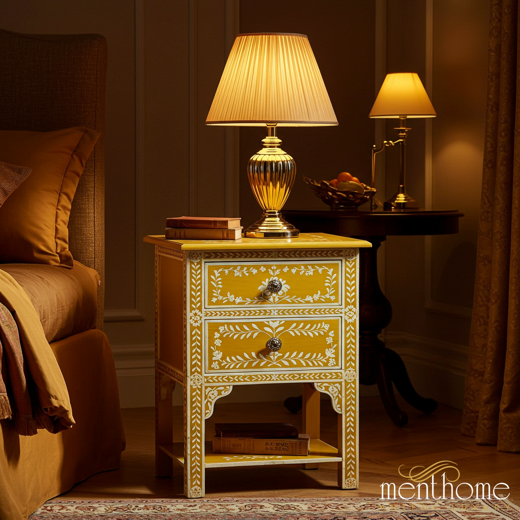 Vintage Yellow Hand-Painted Bedside Table with Two Drawers | Luxury Handmade Bedside Table