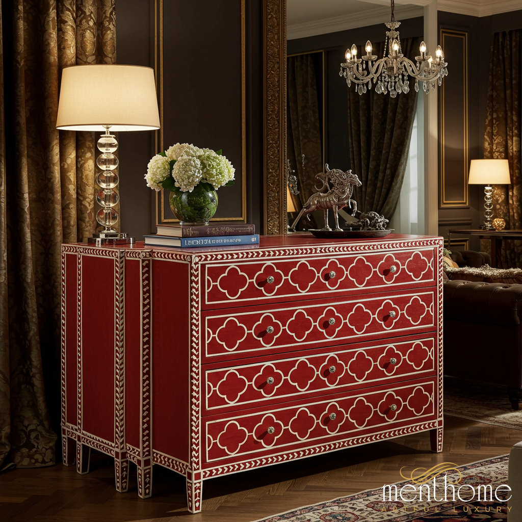 Red Decorative Wooden Chest of Drawers with Inlay Pattern | Luxury Handmade Dresser Red Decorative Wooden Chest of Drawers with Inlay Pattern | Luxury Handmade Dresser