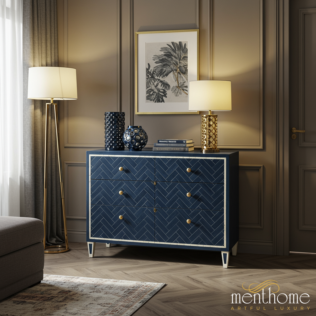 Elegant Navy Blue and Gold Accent Chest | Luxury Handmade Dresser - M(60"Wx18"Dx30"H) / Bone-like Elegant Navy Blue and Gold Accent Chest | Luxury Handmade Dresser - M(60"Wx18"Dx30"H) / Bone-like
