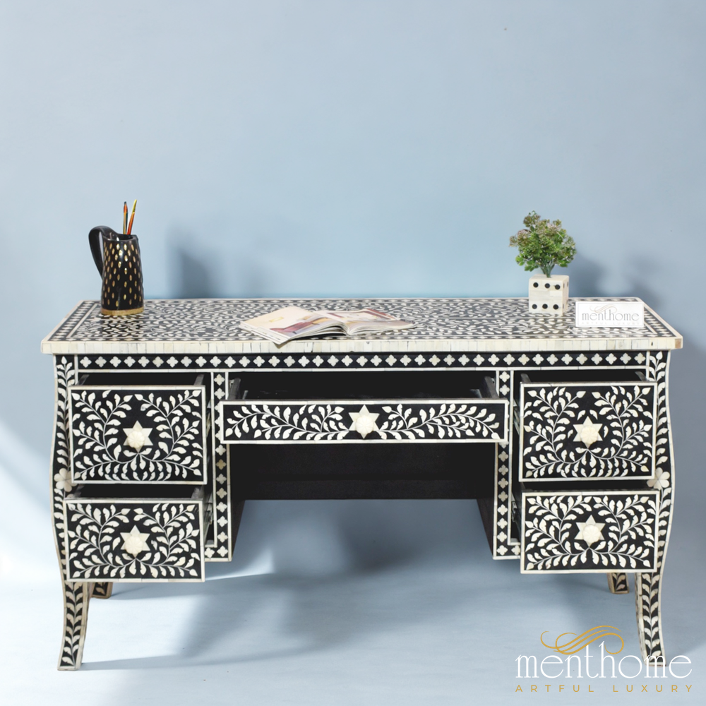 Black 5 drawers Bone Inlay Floral office desk | Luxury Handmade Desk
