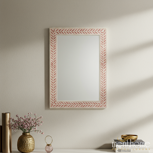 Decorative Wall Mirror with Pink Leaf Pattern Frame | Luxury Handmade Mirror