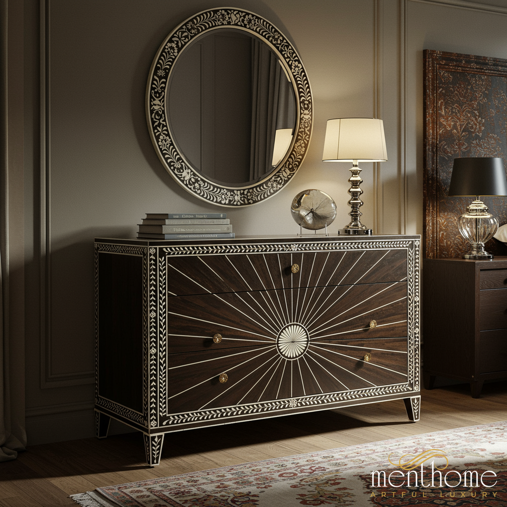 Elegant Sunburst Inlaid Dresser With Matching Round Mirror Menthome USA Elegant Sunburst Inlaid Dresser With Matching Round Mirror Menthome USA