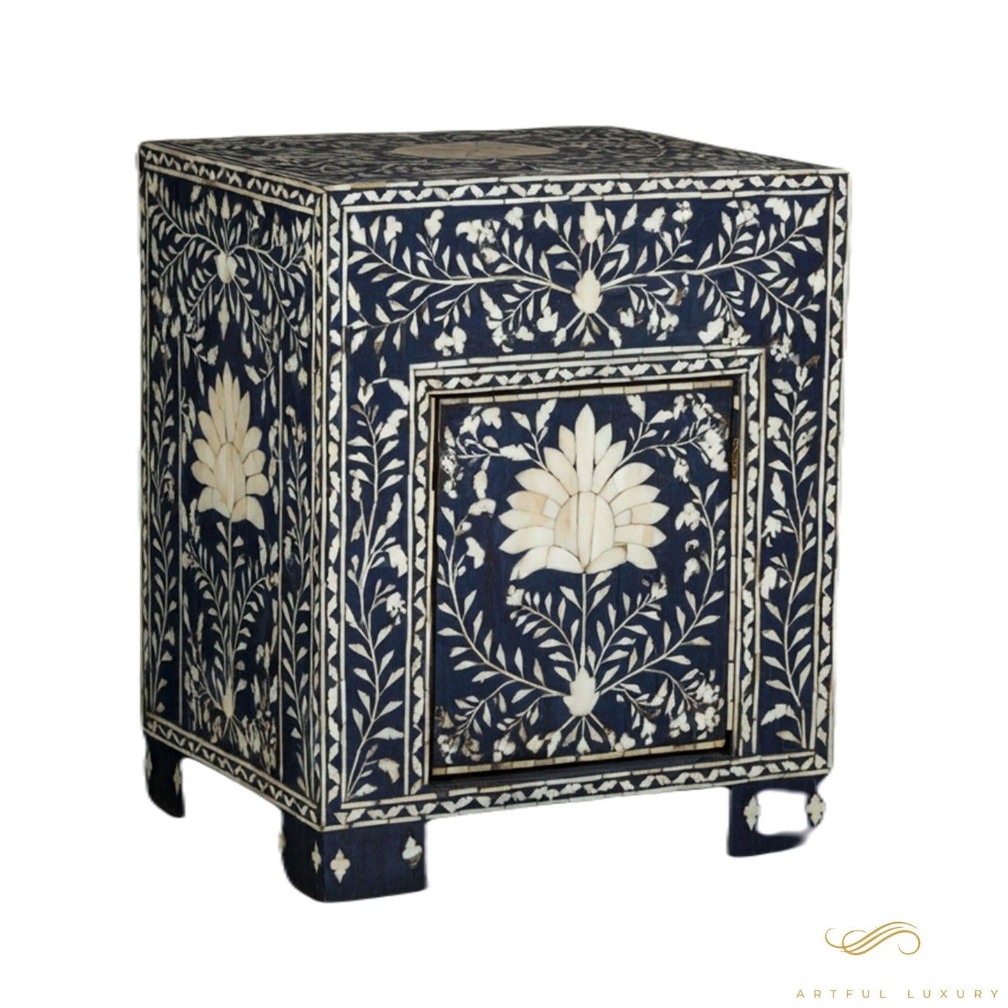 Navy Blue Bone Inlay Handmade Bedside Table with Two Drawers | Luxury Handmade Bedside Table