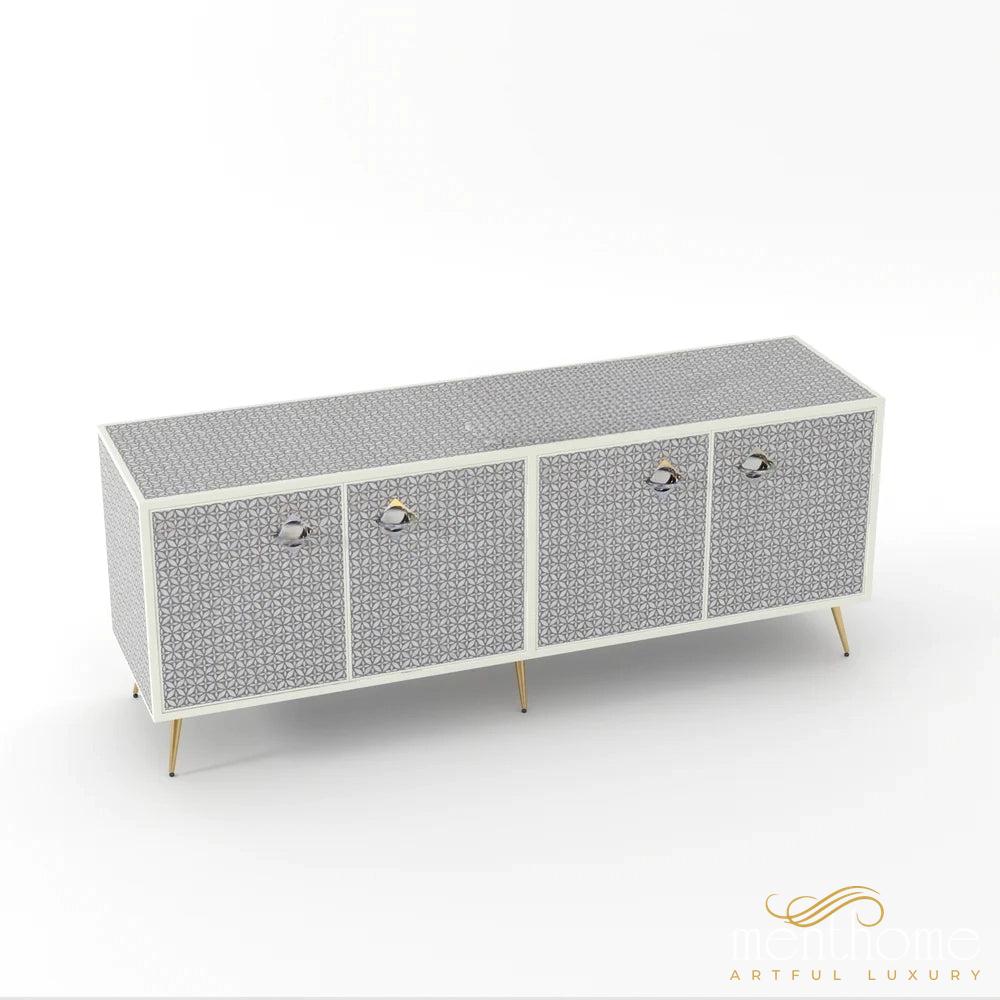 Geometric Flower-Bone Inlay -Rectangular-Tv Cabinet | Luxury Handmade TV Cabinet