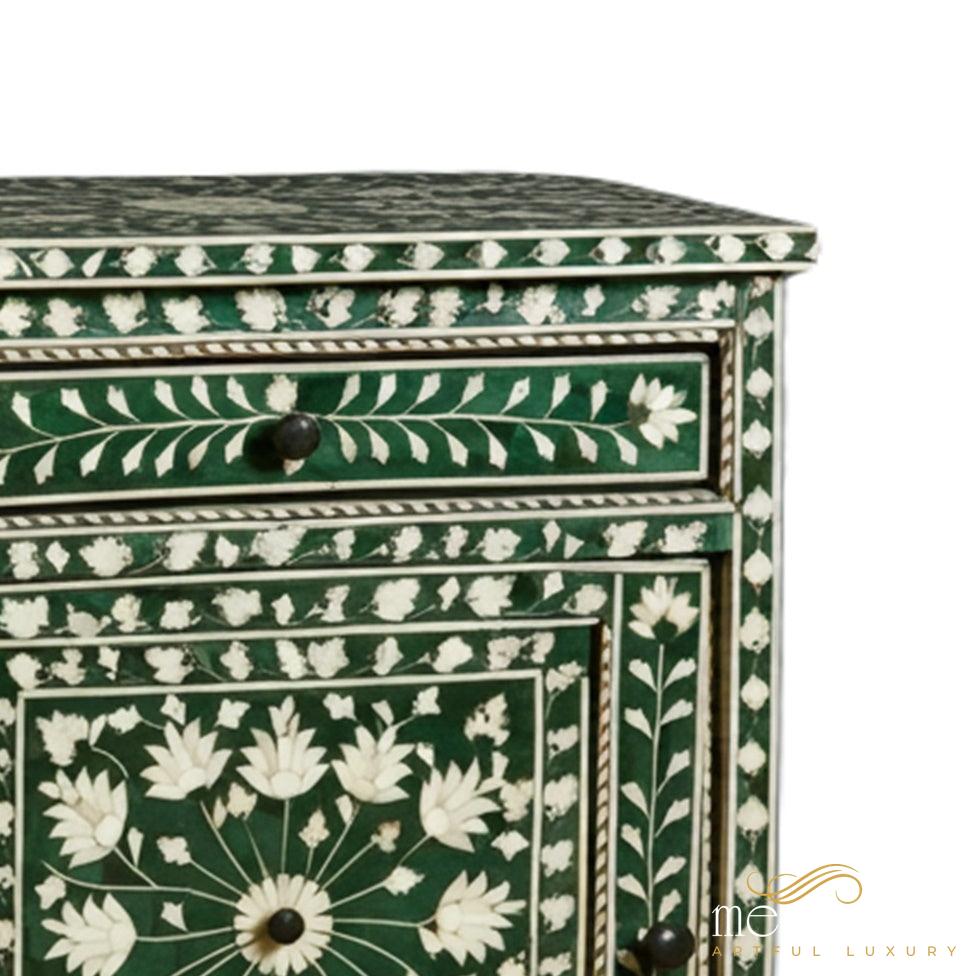 Handmade Bone Inlay Green Bedside Table with Two Drawers | Luxury Handmade Bedside Table