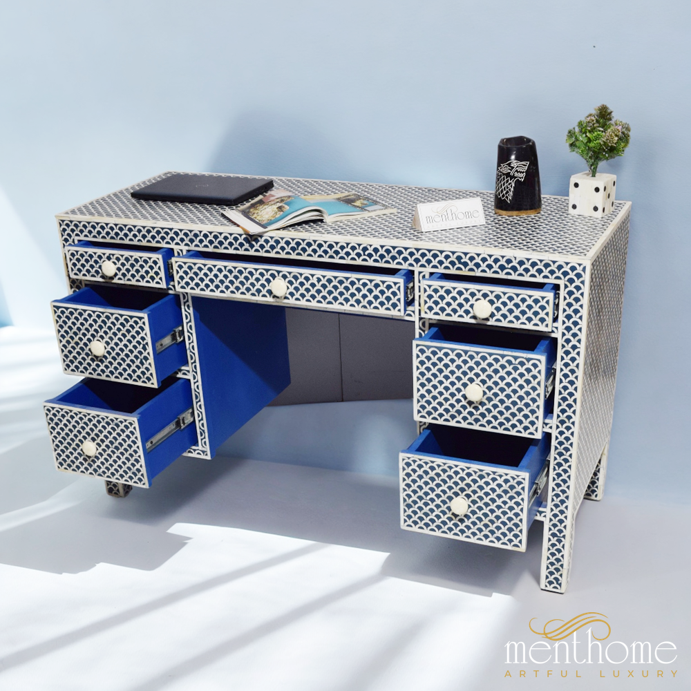 Blue Bone Inlay fishscale 7-drawers office desk | Luxury Handmade Desk