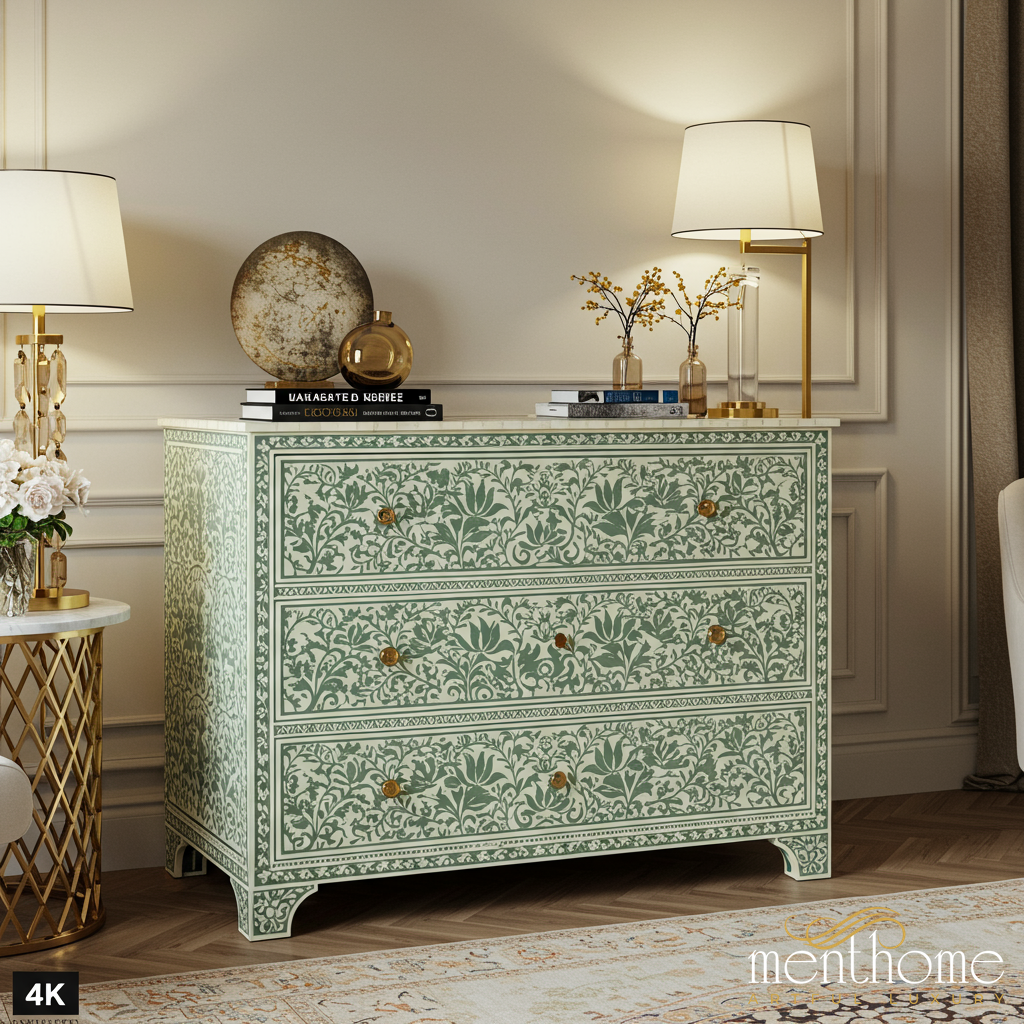 Vintage Floral Patterned Wooden Dresser with Brass Knobs | Luxury Handmade Dresser - S(42"Wx18"Dx30"H) / Bone-like Vintage Floral Patterned Wooden Dresser with Brass Knobs | Luxury Handmade Dresser - S(42"Wx18"Dx30"H) / Bone-like
