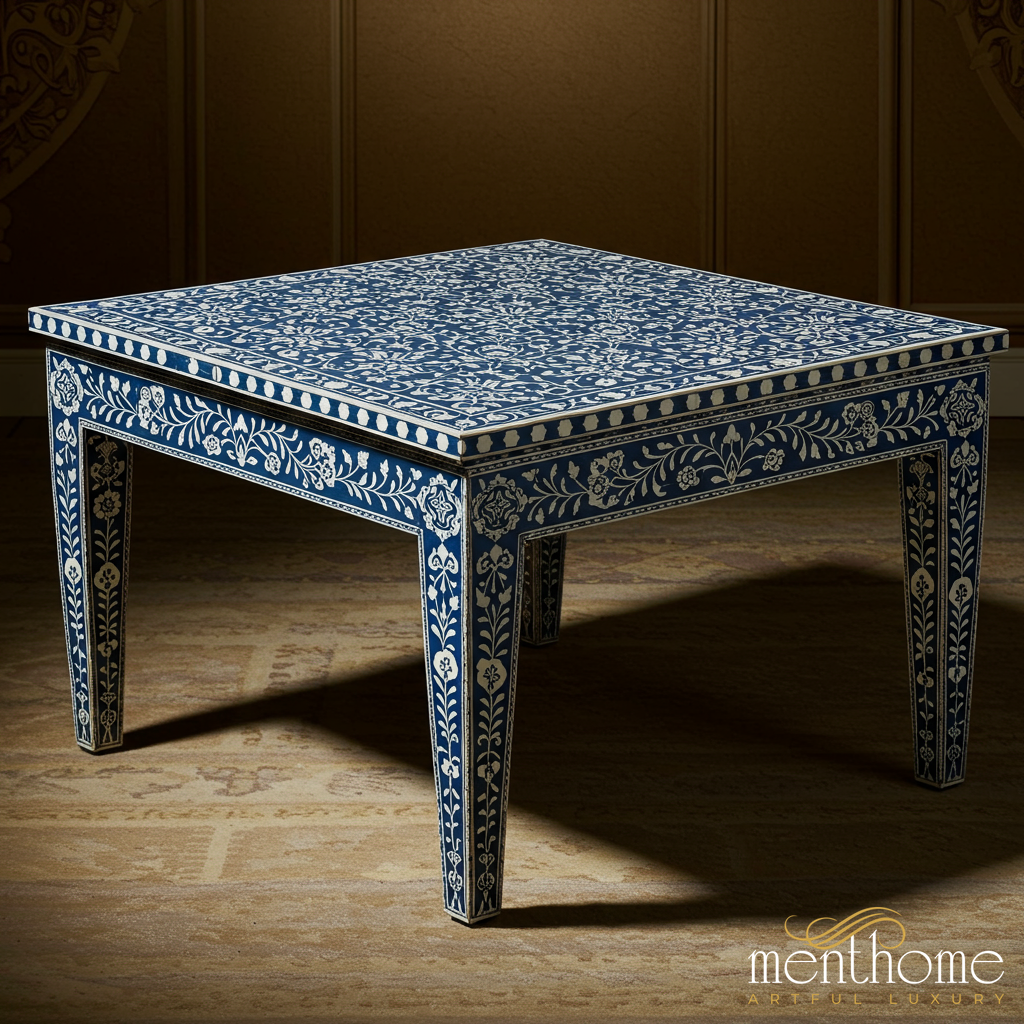 Handcrafted Blue and White Floral Inlaid Coffee Table | Luxury Handmade Coffee Table