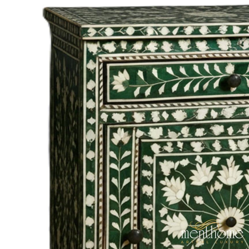 Handmade Bone Inlay Green Bedside Table with Two Drawers | Luxury Handmade Bedside Table