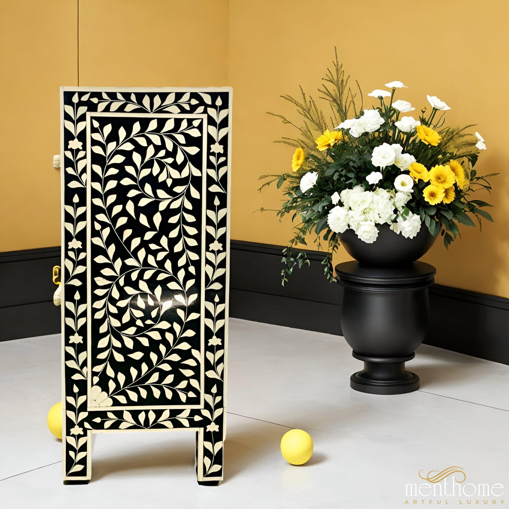 Floral Pattern Black Bedside Table - 1 Drawer and 2 Doors | Luxury Handmade Bedside Table