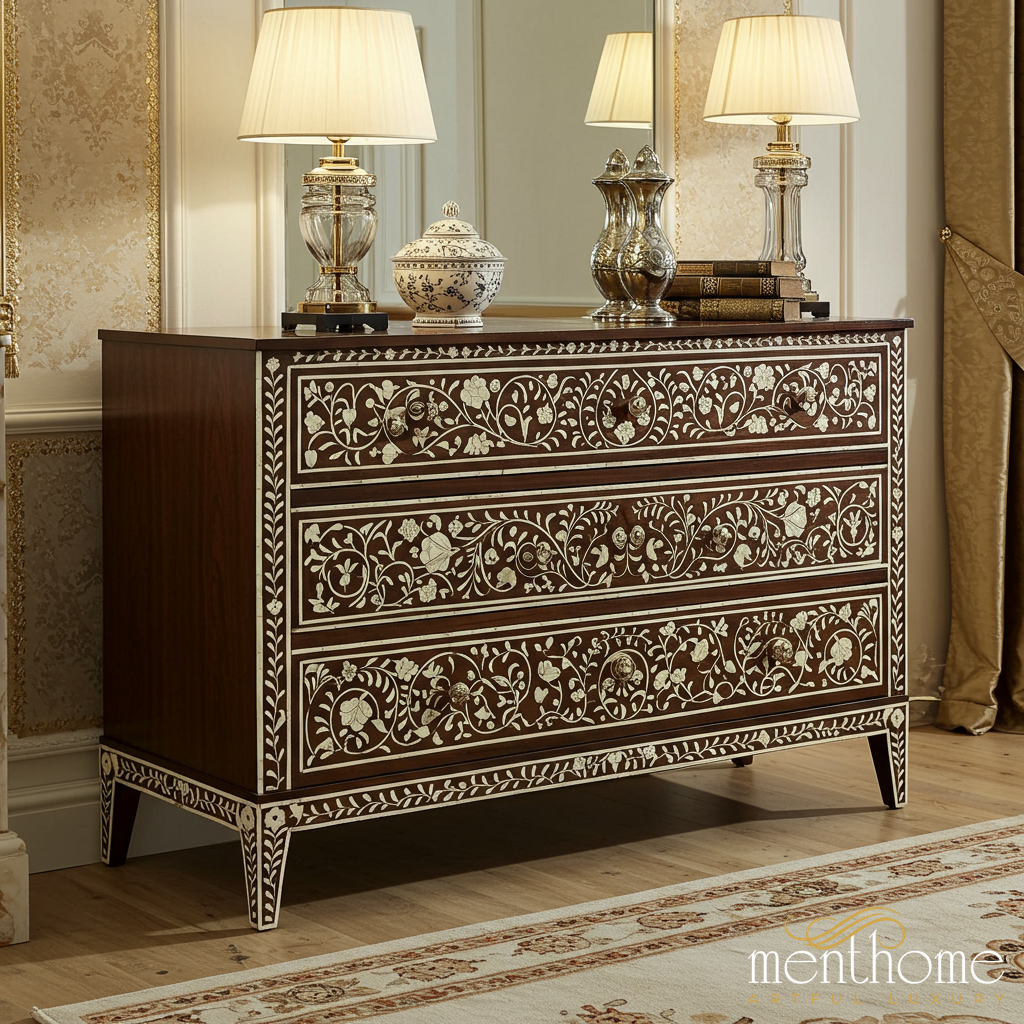 Vintage Floral Inlaid Wooden Chest of Drawers | Luxury Handmade Dresser Vintage Floral Inlaid Wooden Chest of Drawers | Luxury Handmade Dresser