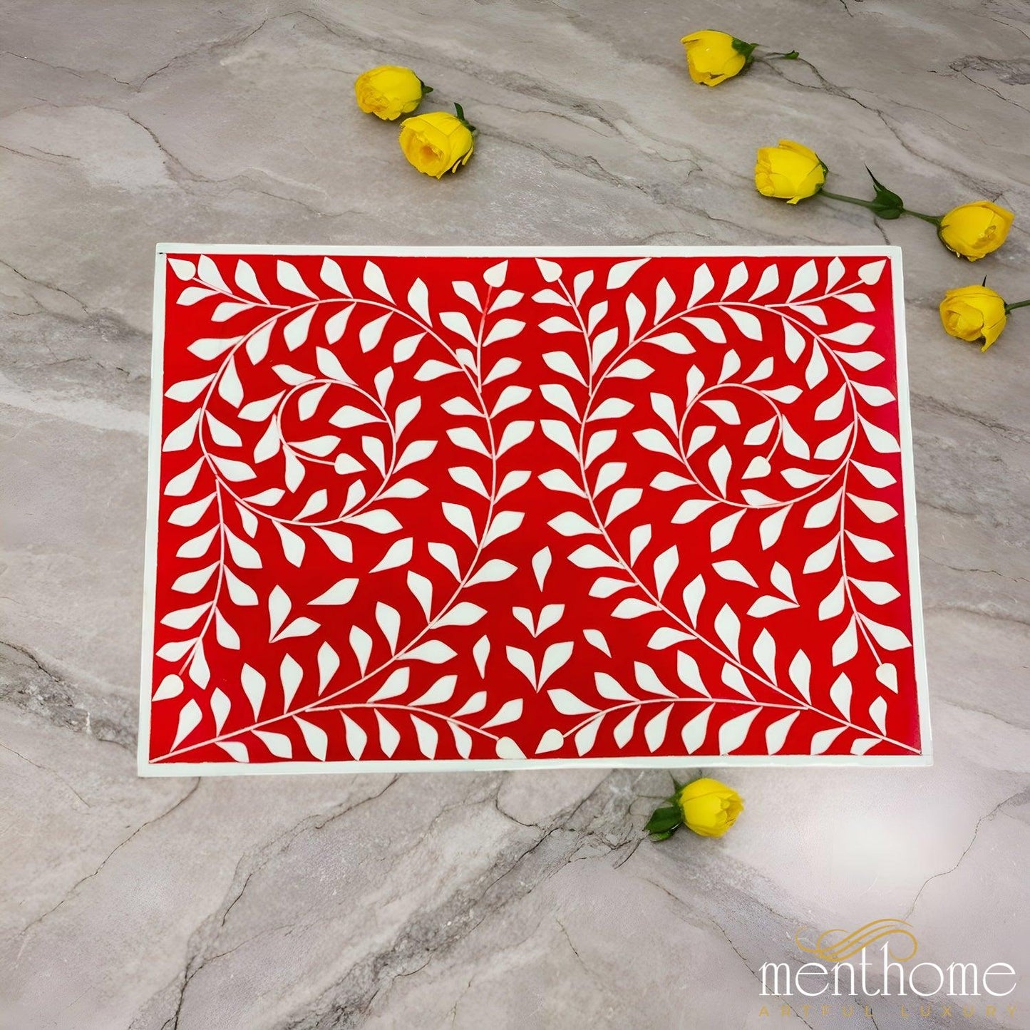 3 Drawer Resin Leaf Design Red and White Bedside Table | Luxury Handmade Bedside Table