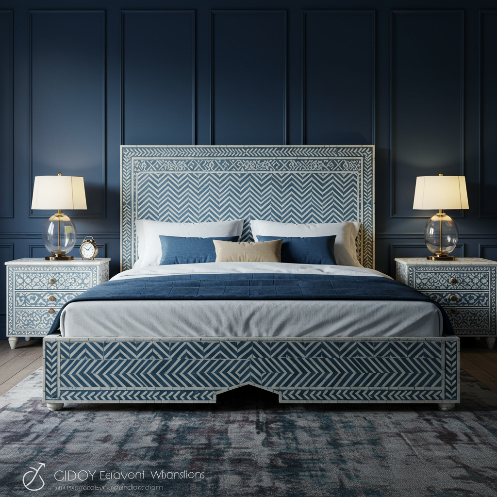 Luxury Handcrafted Inlay King Bed with Nightstands