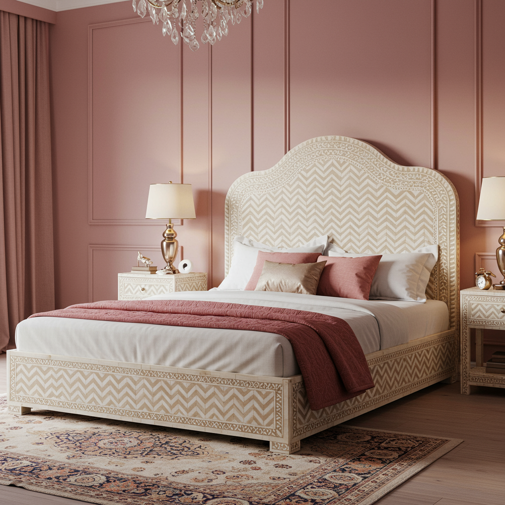 Luxury Ivory Patterned King Bed with Curved Headboard