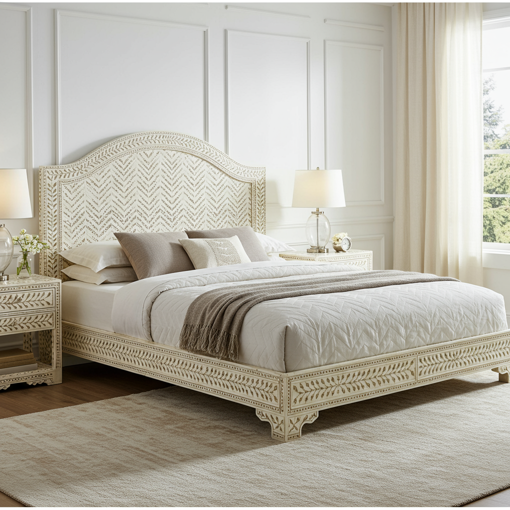 Elegant Hand-Carved Ivory Wood King Bed Frame