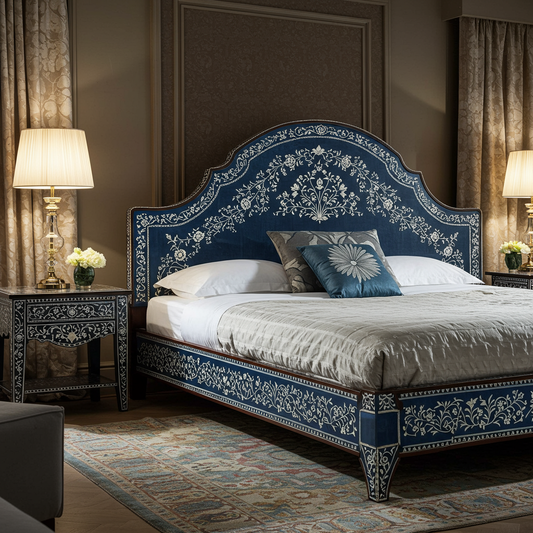 Elegant Blue Floral Inlaid King Bed with Nightstands