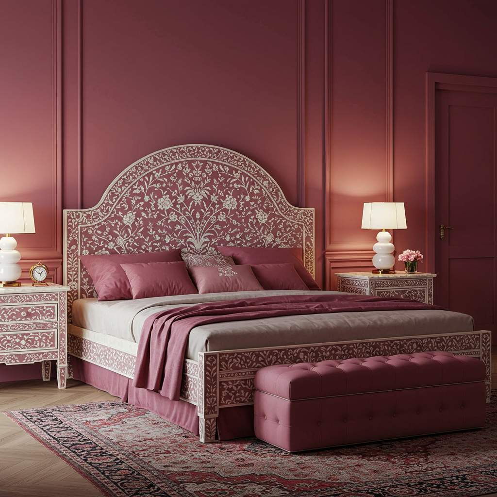 Luxurious Floral Inlay King Bed Set with Upholstered Bench