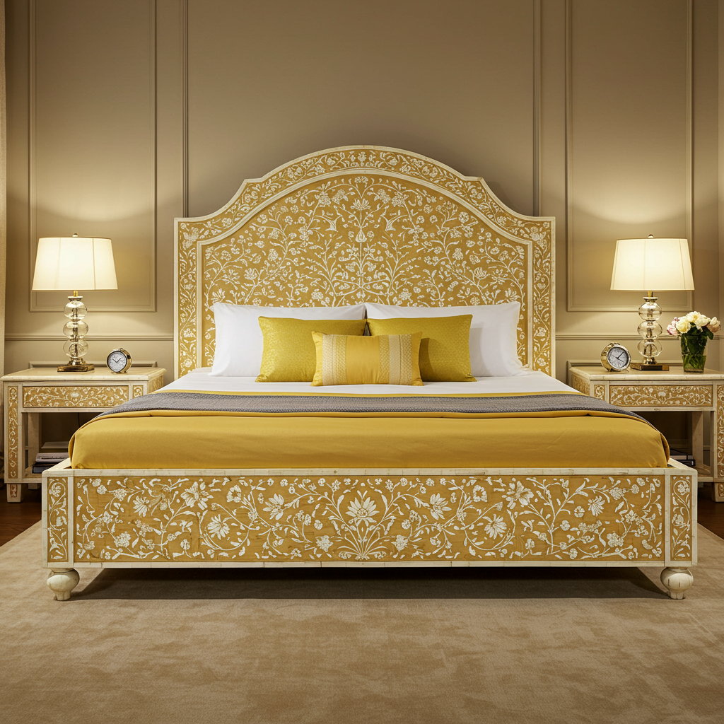 Handcrafted Floral Inlay King Bed with Matching Nightstands