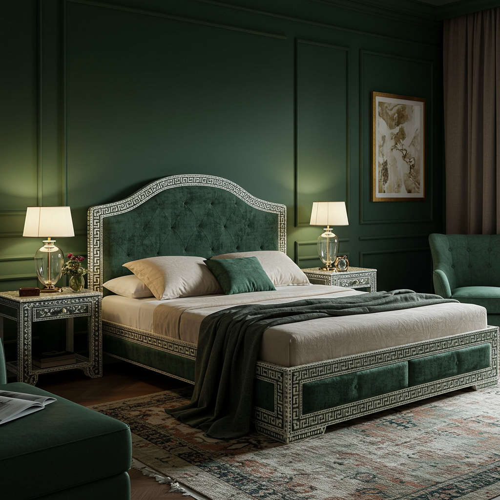 Luxury Velvet Upholstered Queen Bed with Greek Key Detailing