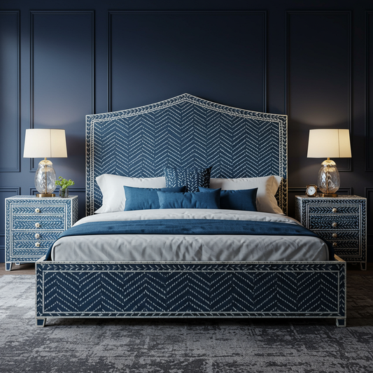 Elegant Blue Chevron Upholstered Bed Frame with Matching Nightstands