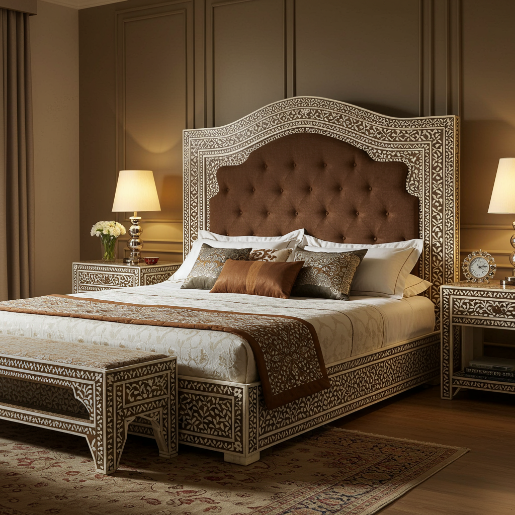 Luxurious Handcrafted Inlaid King Bed Set
