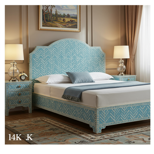 Luxury Blue Patterned Upholstered Bed with Matching Nightstands