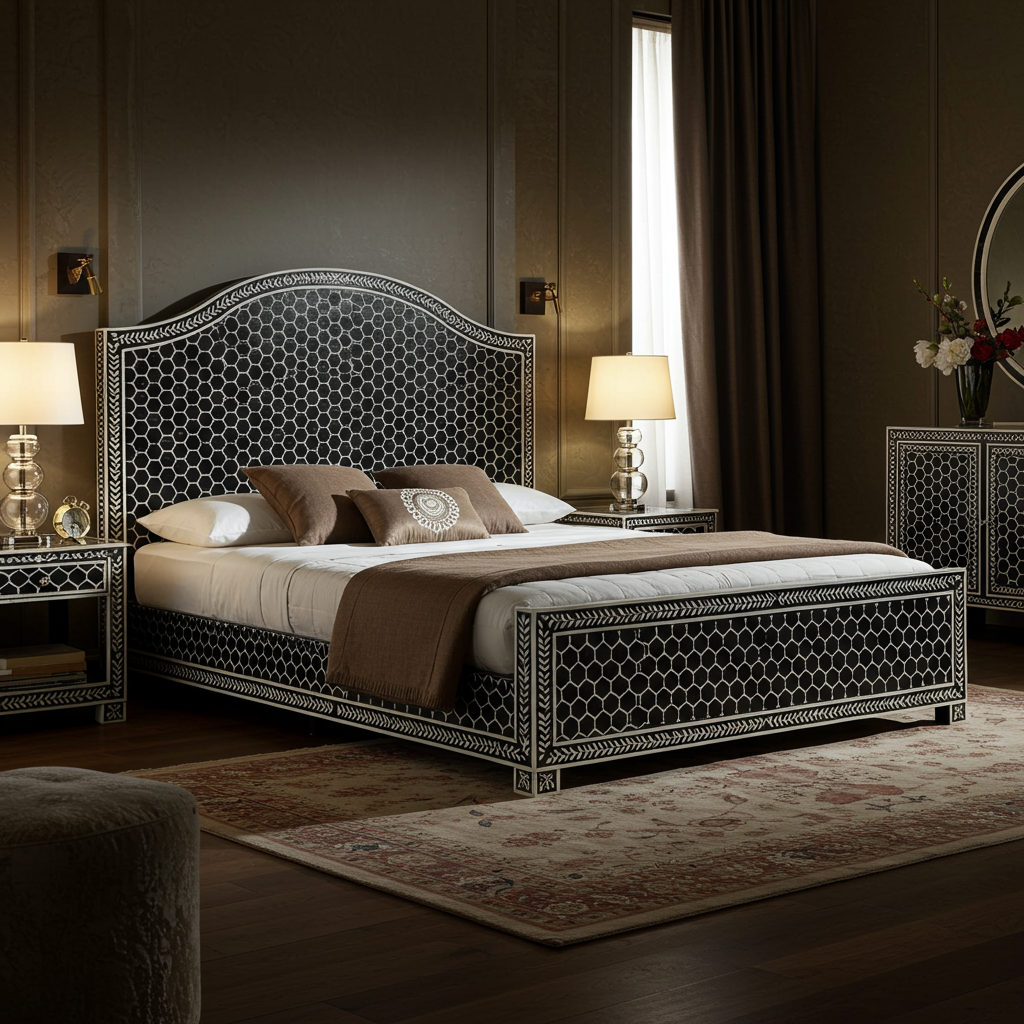 Luxury Inlaid Bone & Wood Queen Bed Frame