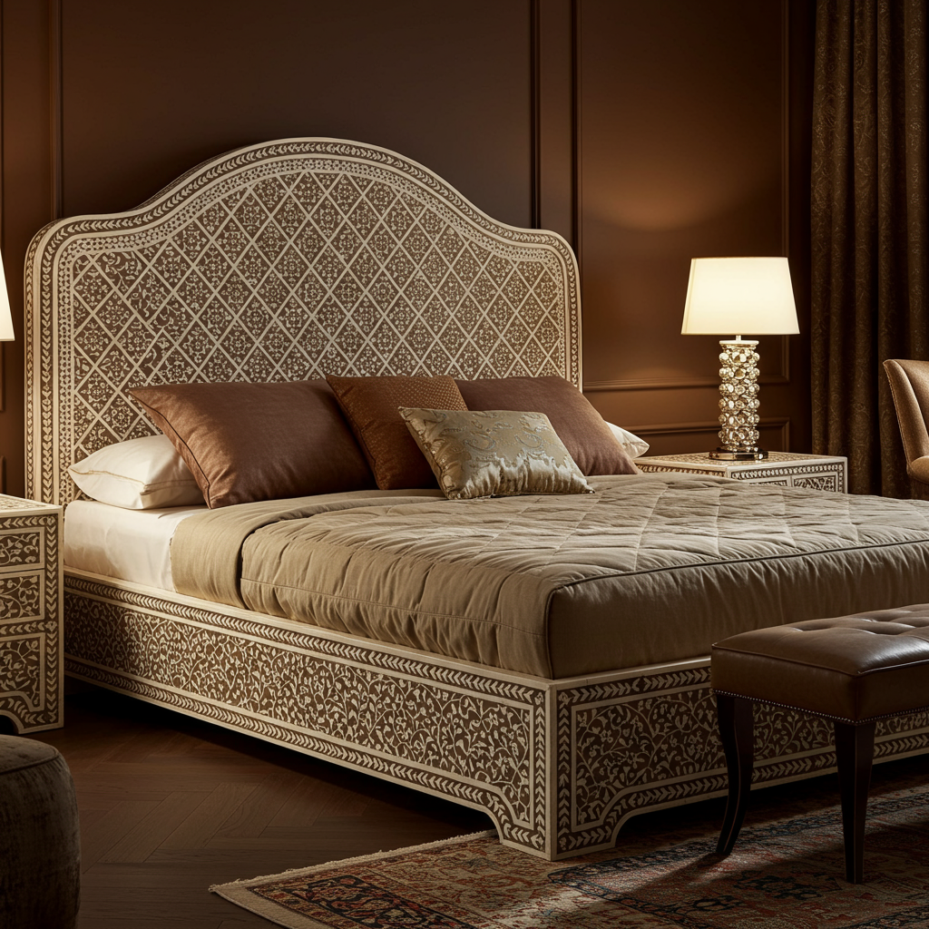 Luxurious Inlaid Wooden King Bed with Intricate Floral Design