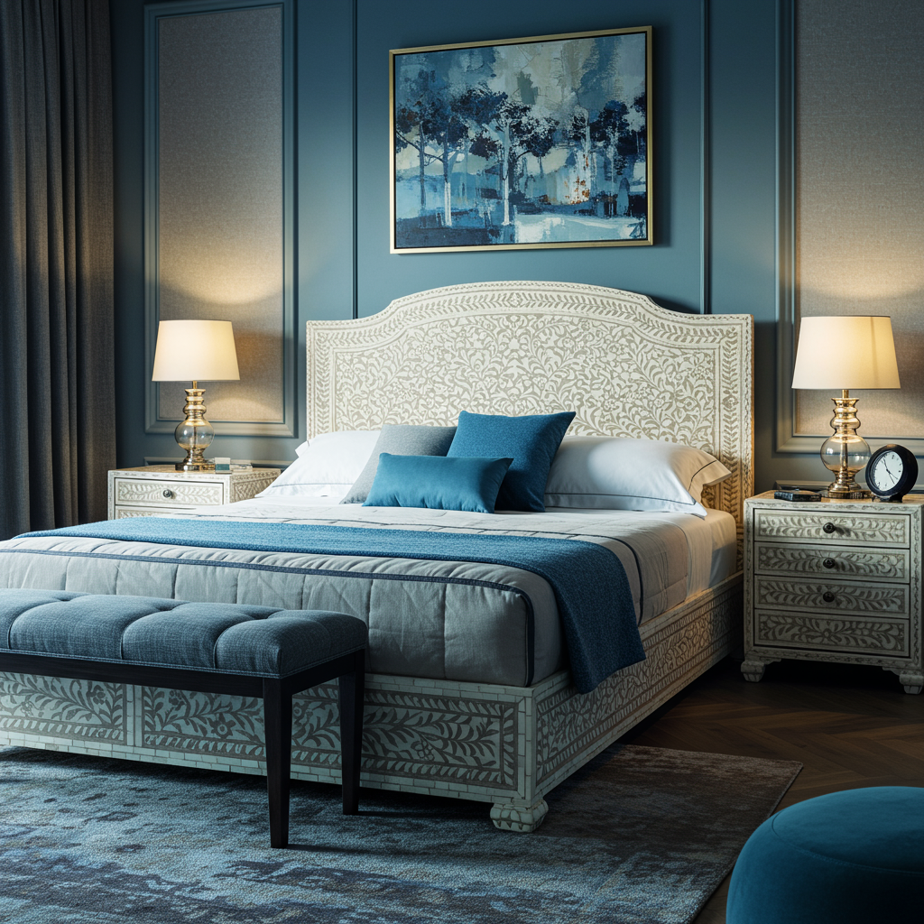 Elegant Handcrafted Bone Inlay King Bed Set