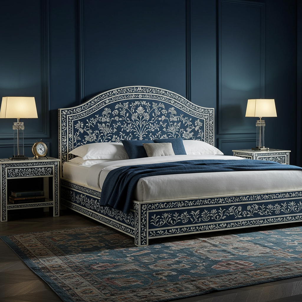 Luxury Hand-Painted Floral Inlay King Bed with Matching Nightstands
