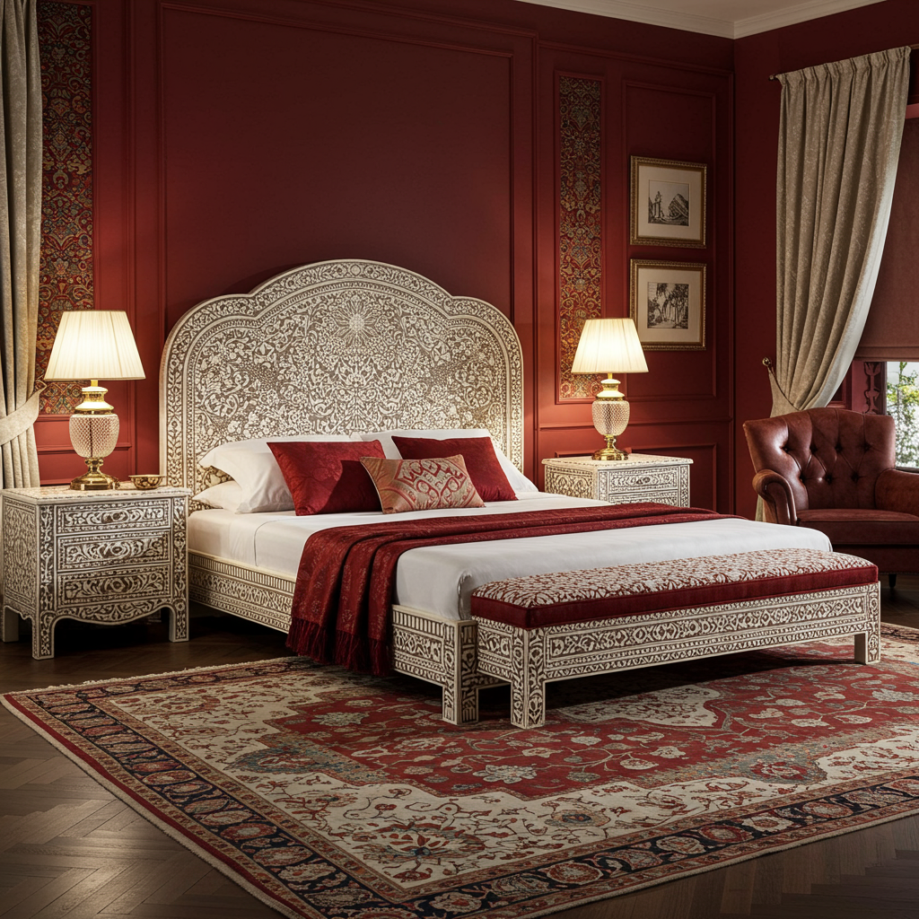 Luxury Intricate Bone Inlay King Bed Set