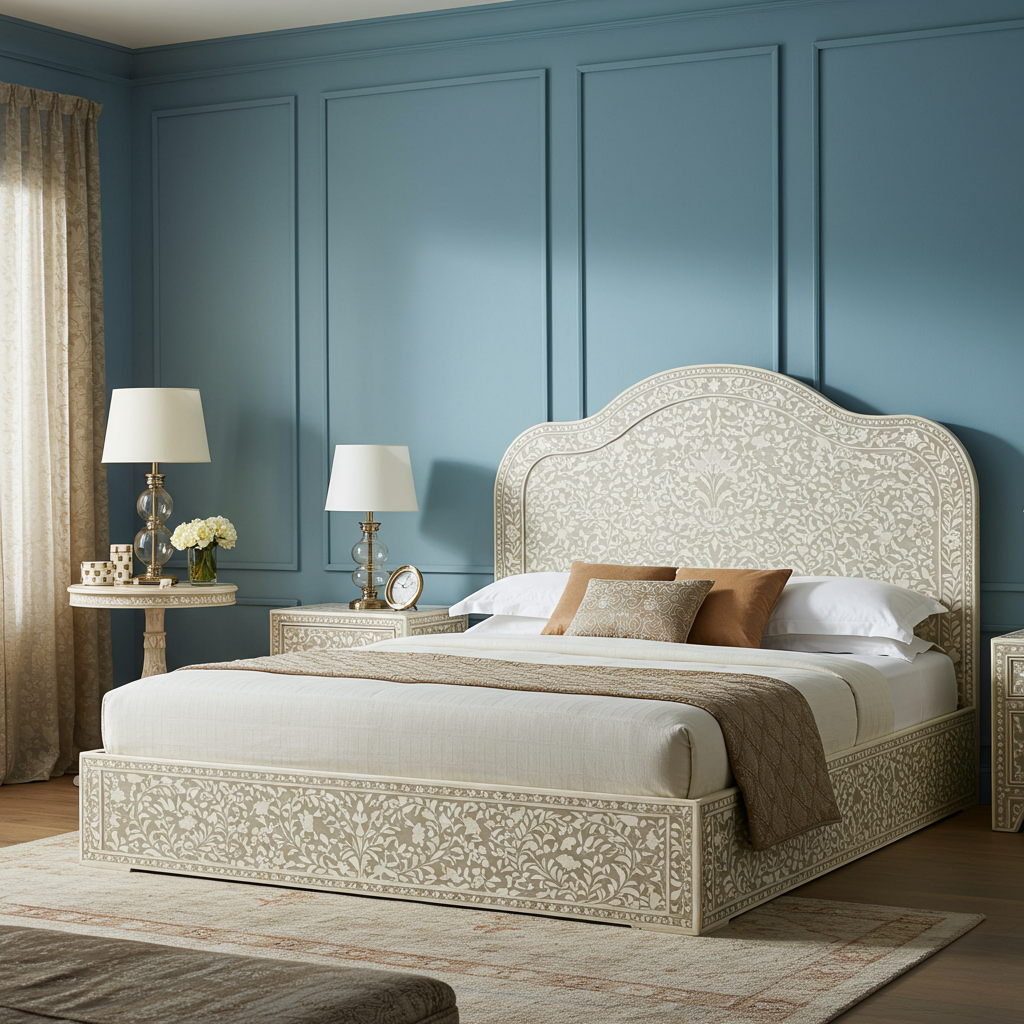 Luxury Carved Floral Pattern Queen Bed
