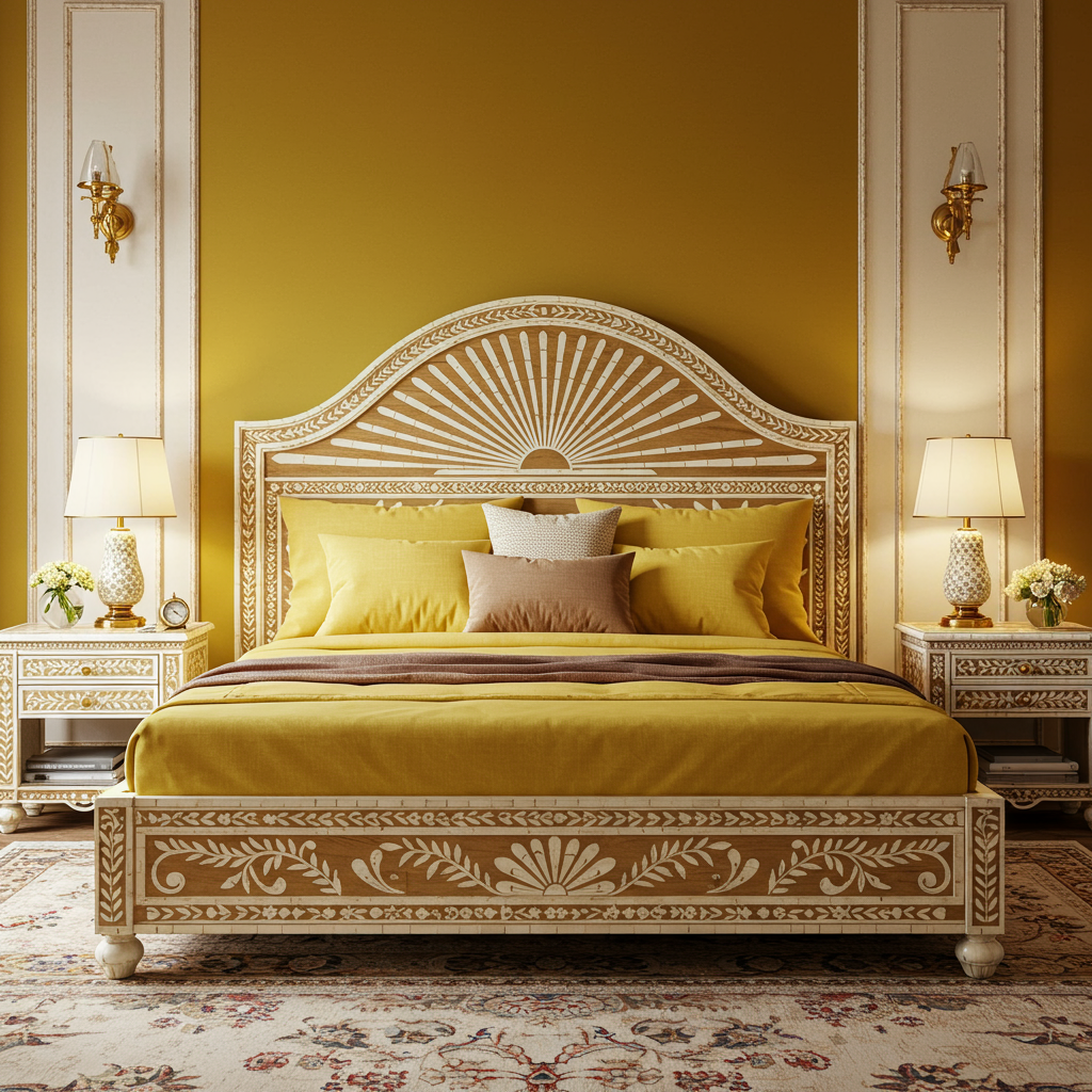 Handcrafted Sunburst Carved King Size Bed