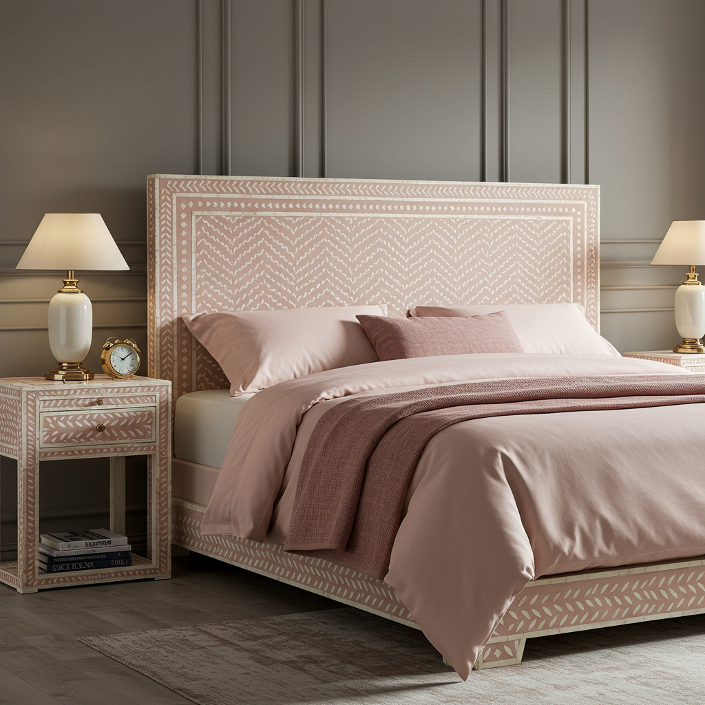 Elegant Hand-Painted Patterned Bed with Matching Nightstand