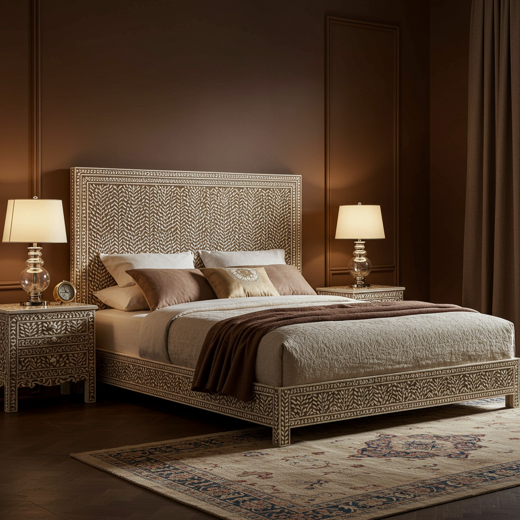 Luxurious Handcrafted Bone Inlay King Bed with Matching Nightstands