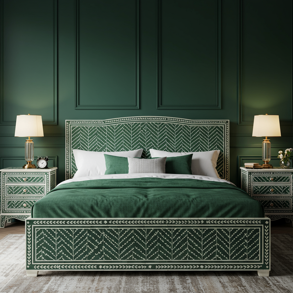 Luxurious Handcrafted Green Bone Inlay Queen Bed with Matching Nightstands