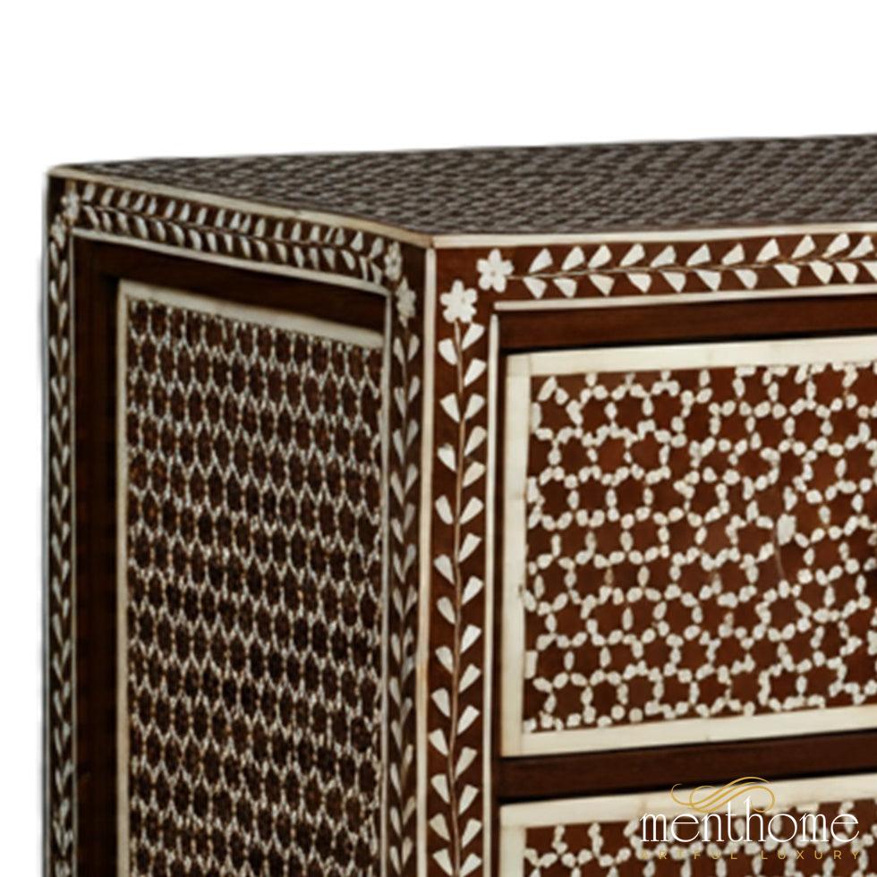 Bone Inlay Honeycomb Pattern Bedside Table with Two Drawers | Luxury Handmade Bedside Table
