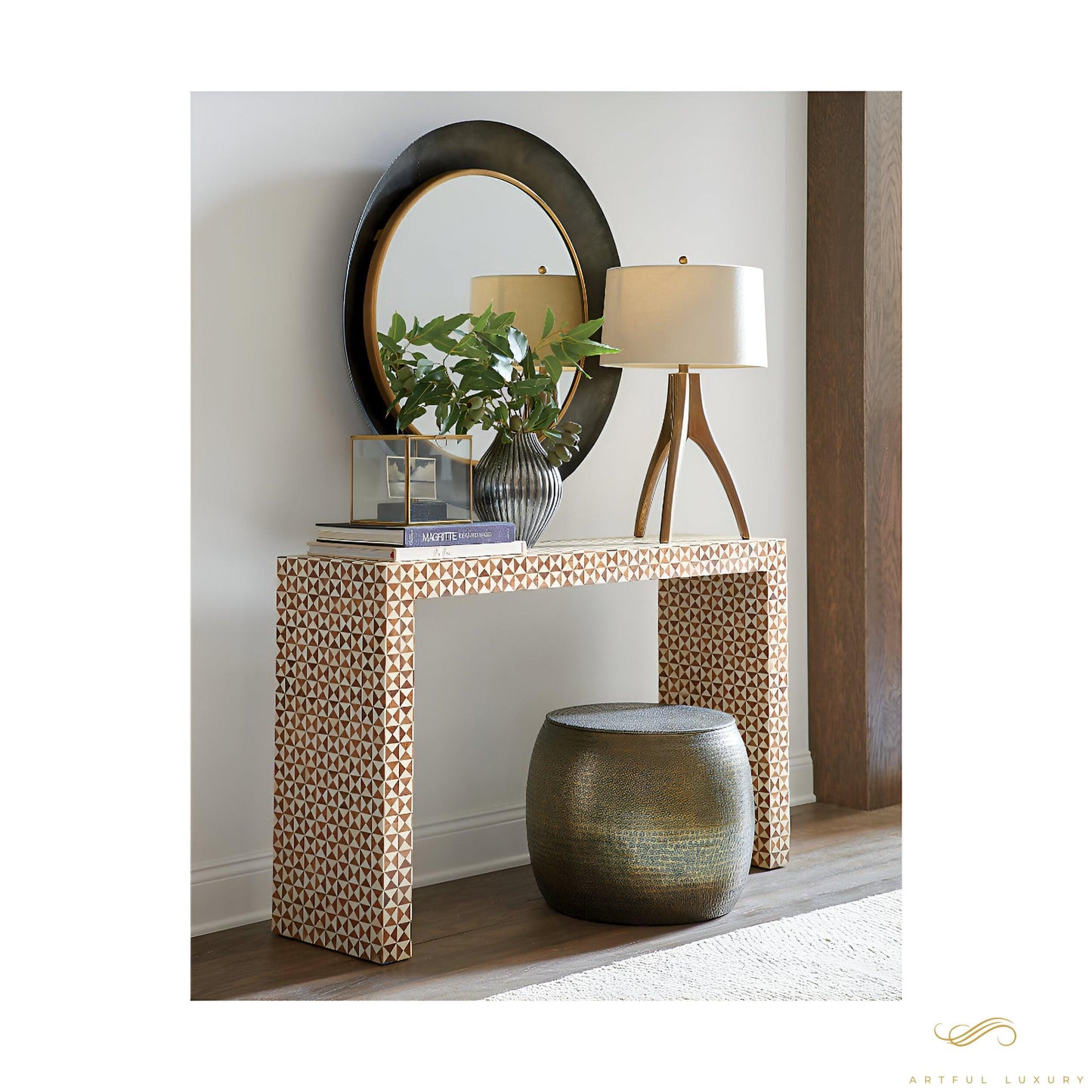 Teak Wood Console Table Intarsia 50" Rectangular Mosaic | Luxury Handmade Console