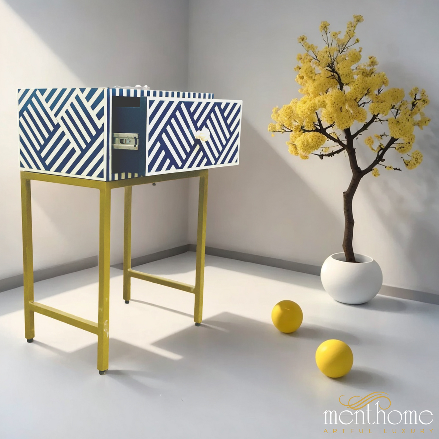 Optical Design Resin Navy Blue Bedside Table with Brass Stand | Luxury Handmade Bedside Table