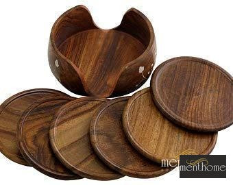 Wooden Round Drink Coasters Set of 6 with Decorative Holder | Luxury Handmade Decor