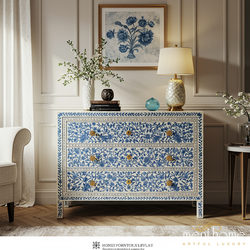 Blue Floral Hand-Painted Wooden Chest of Drawers | Luxury Handmade Dresser