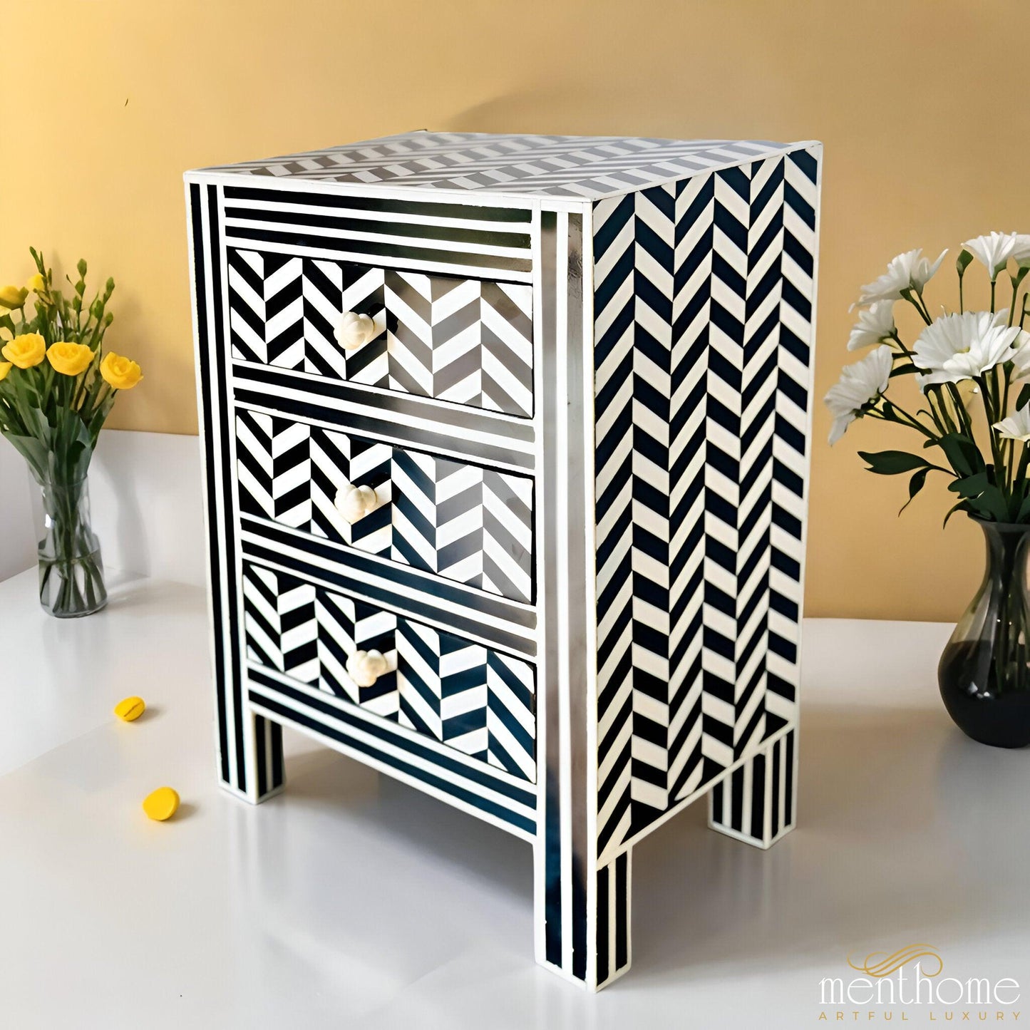 Zig-Zag Pattern 3-Drawer Resin Black Bedside Table | Luxury Handmade Bedside Table
