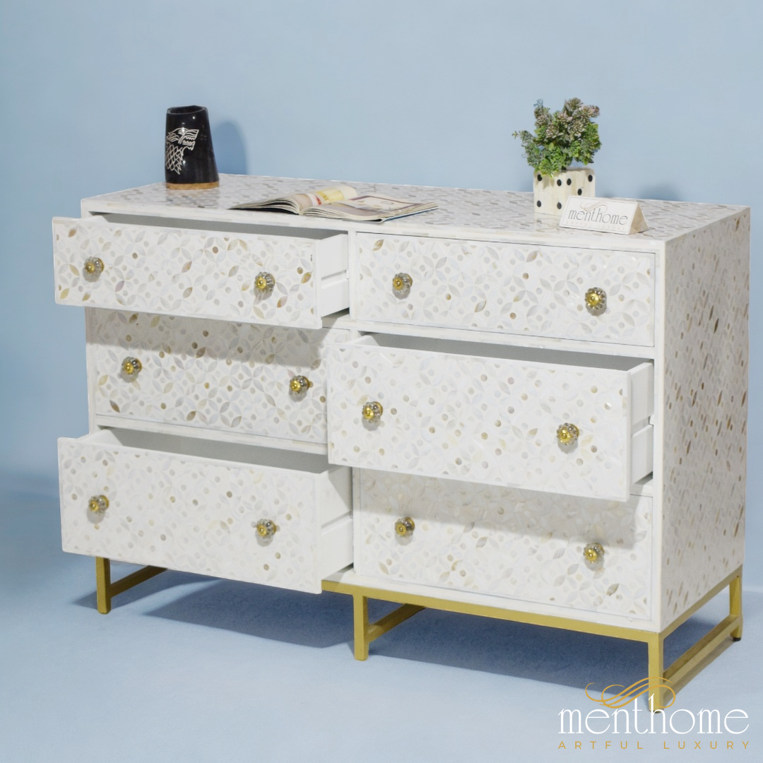 Six-Drawer Dresser Mother of Pearl Eye Cut Design | Luxury Handmade Dresser
