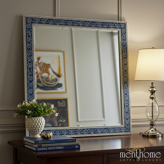Elegant Blue and Silver Floral Patterned Square Mirror | Luxury Handmade Mirror