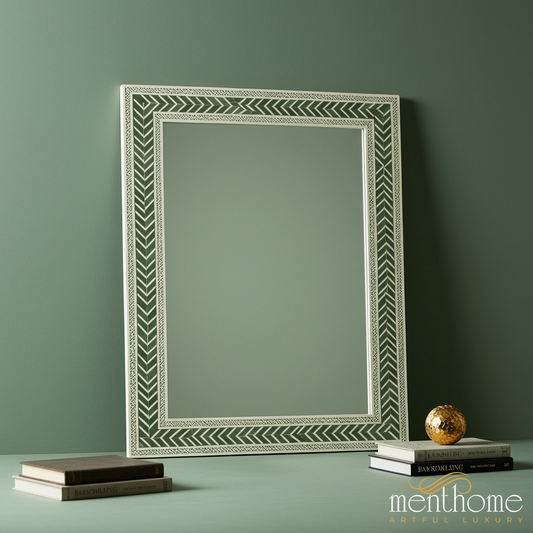 Decorative Green and White Patterned Wall Mirror | Luxury Handmade Mirror