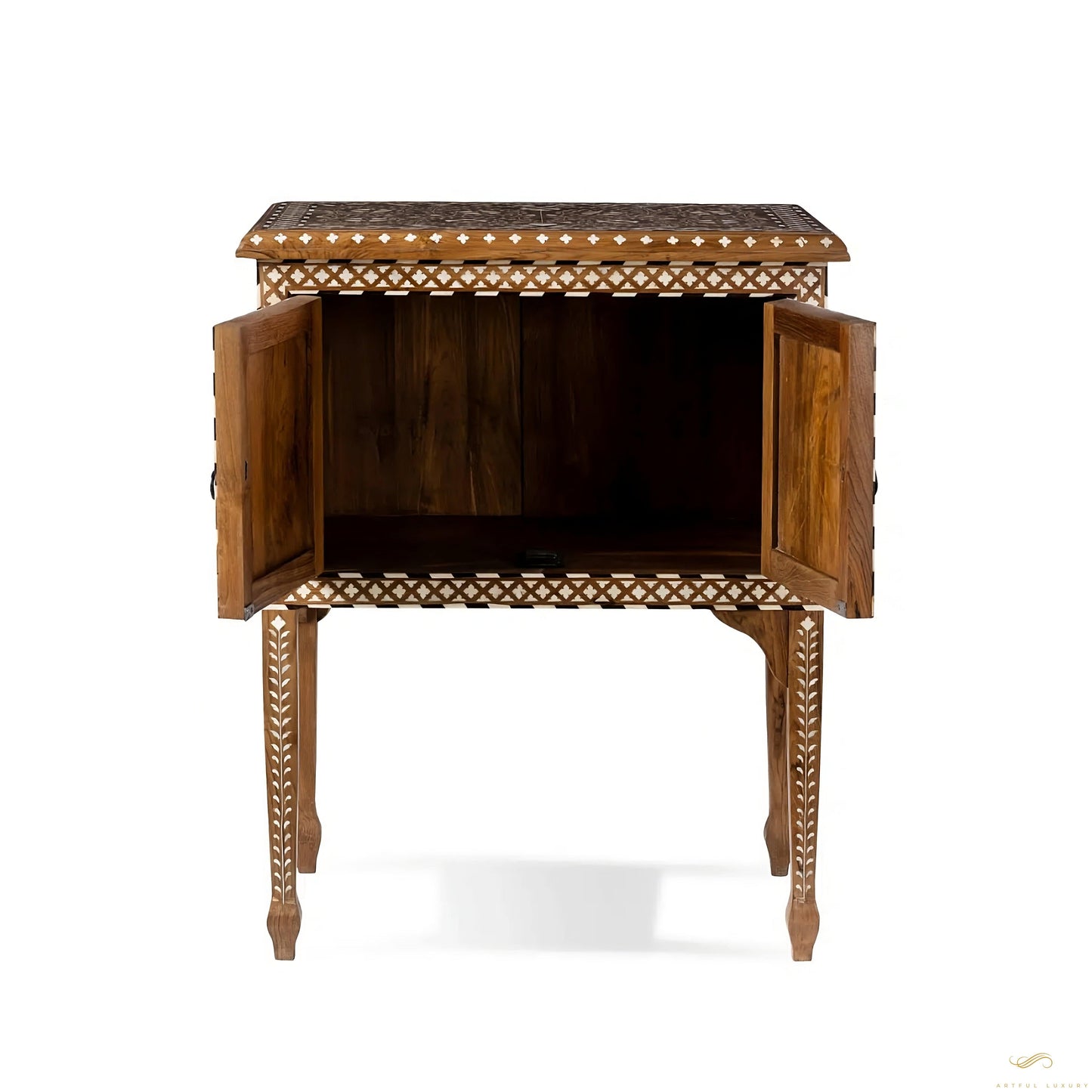 Teak Wood and Bone Inlay Bedside Table, Wooden Bone Inlay Storage Furniture | Luxury Handmade Bedside Table