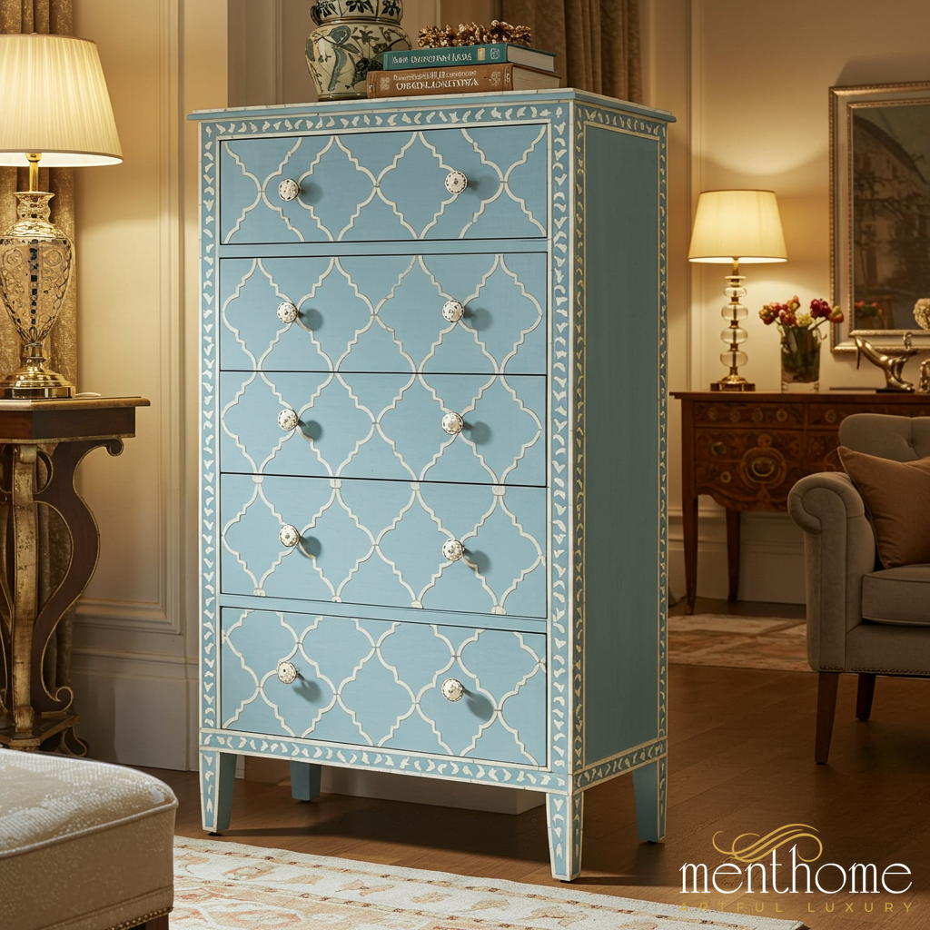Blue Hand Painted Wooden Dresser With Ivory Inlay Bone In Menthome USA Blue Hand Painted Wooden Dresser With Ivory Inlay Bone In Menthome USA