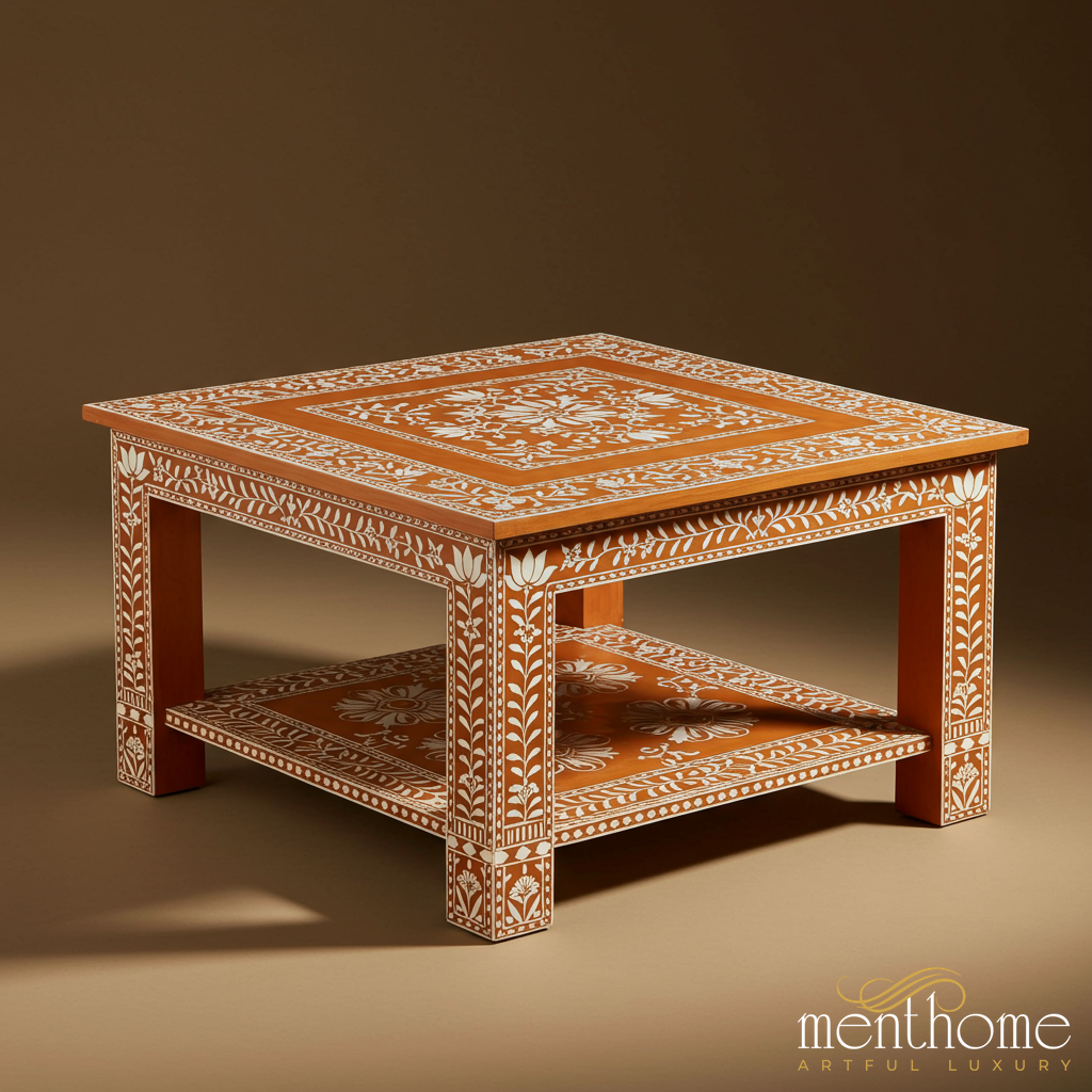 Hand-Painted Floral Inlay Wooden Coffee Table | Luxury Handmade Coffee Table