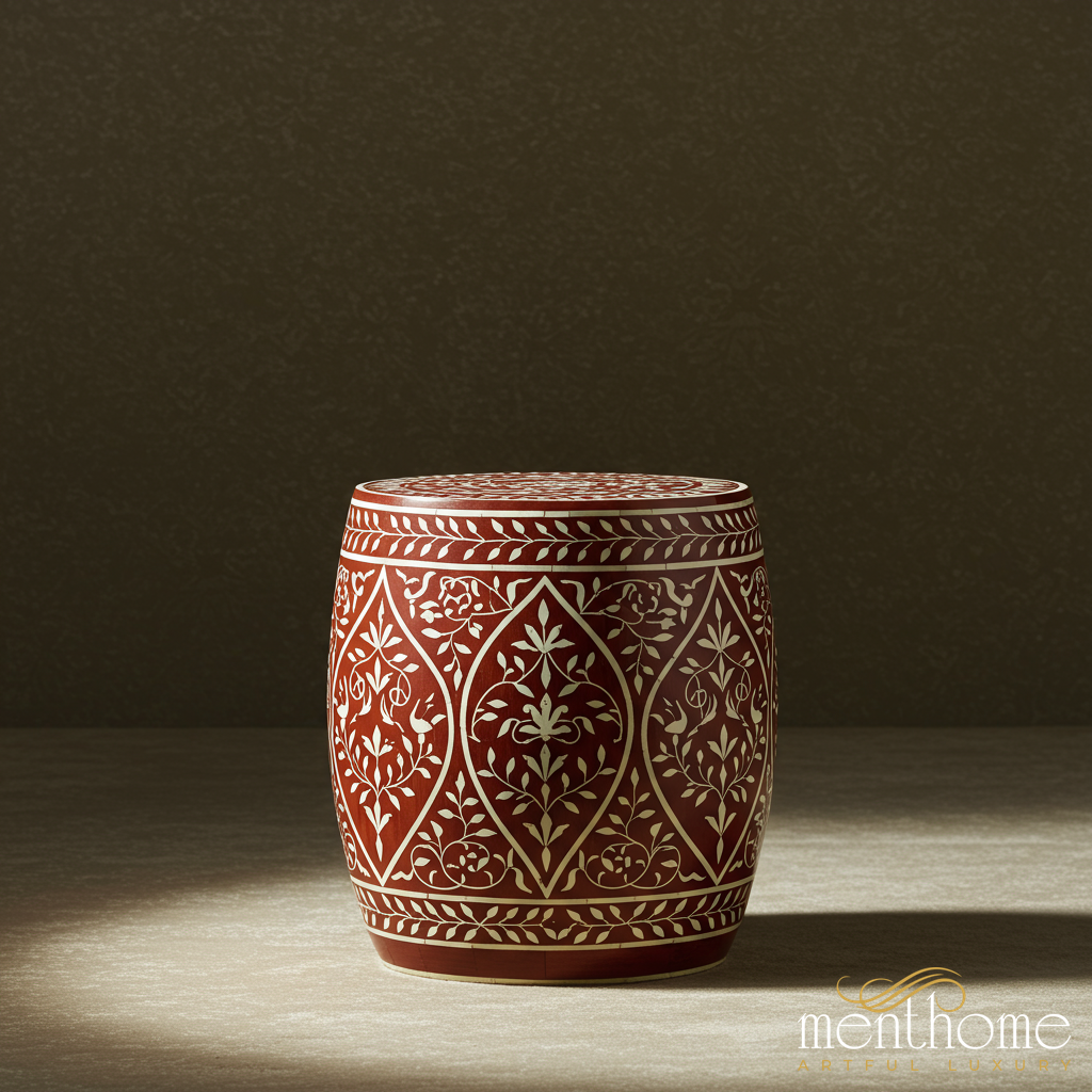 Handcrafted Red and White Floral Patterned Ceramic Garden Stool | Luxury Handmade Stool